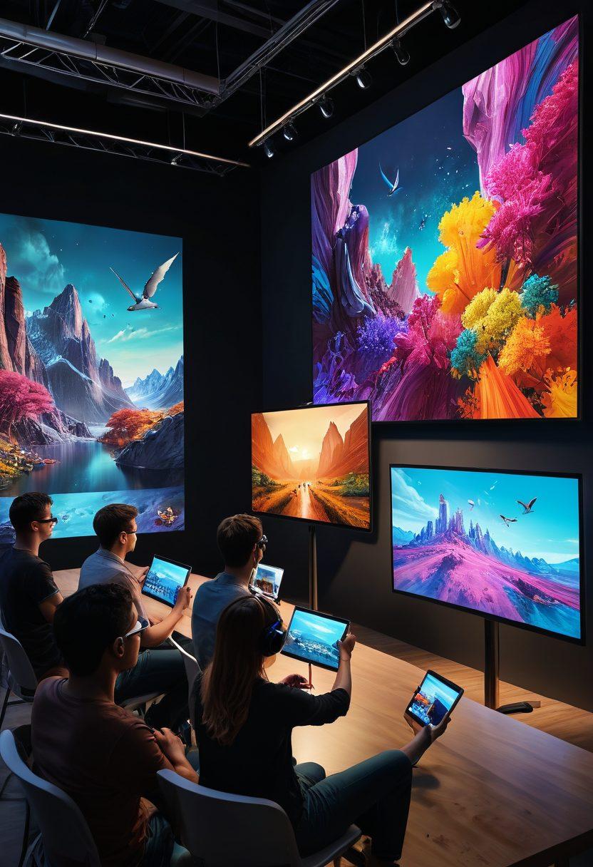 A vibrant digital landscape showcasing various forms of interactive media, including animated graphics, social media interactions, and engaging video elements. Depict an audience captivated by colorful, dynamic screens, with digital tools like tablets and VR headsets in their hands. Incorporate symbols of creativity like paintbrushes mixed with technology, and a bright, inviting color palette to evoke excitement. Include a sense of connection and engagement among diverse viewers. super-realistic. vibrant colors. 3D.