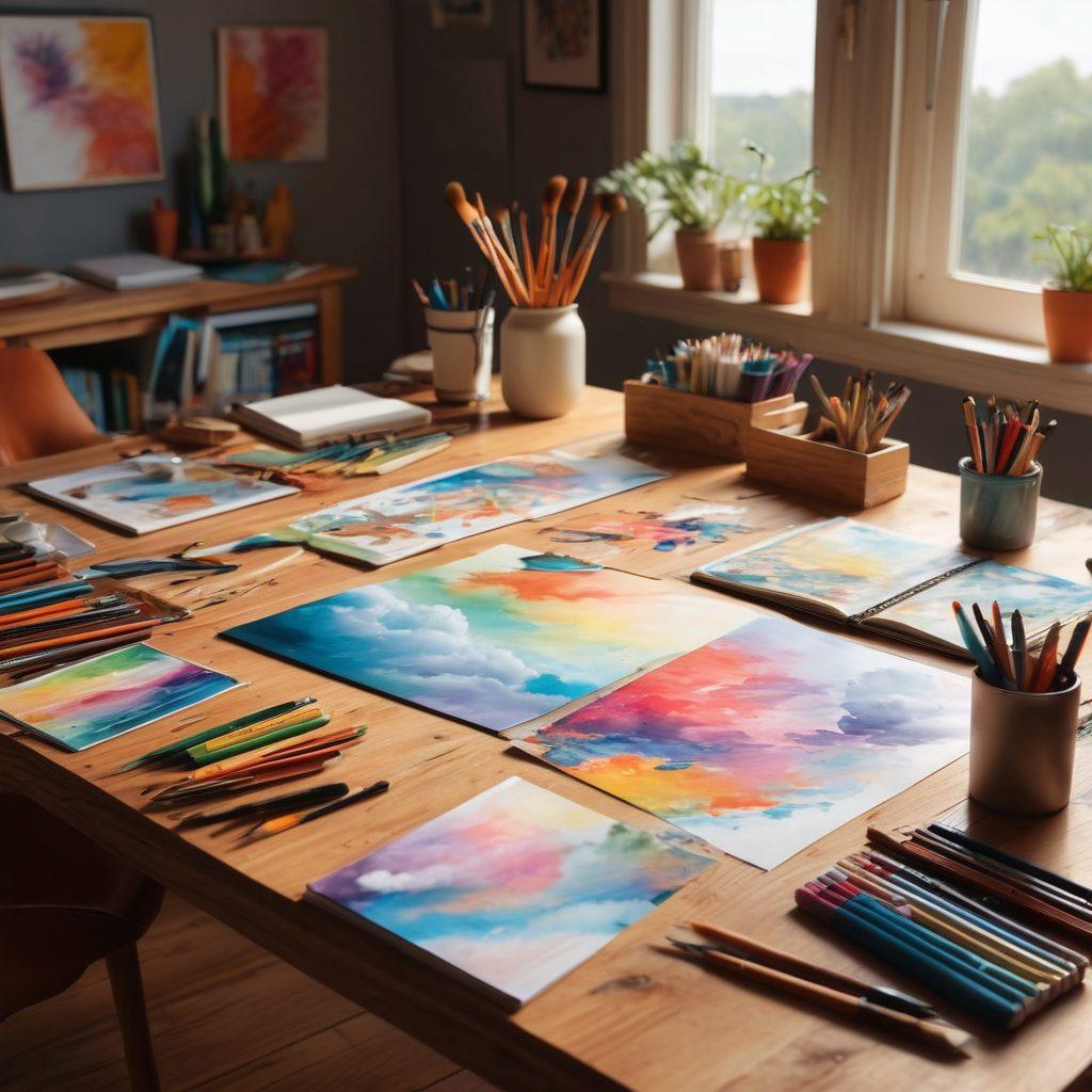 An imaginative workspace filled with colorful art supplies, digital devices displaying vibrant digital stories, and a backdrop of flowing narratives in the form of illustrated clouds. Include a person joyfully sketching ideas, symbolizing creativity and inspiration. The scene is infused with whimsical elements and a warm, inviting atmosphere. super-realistic. vibrant colors. 3D.